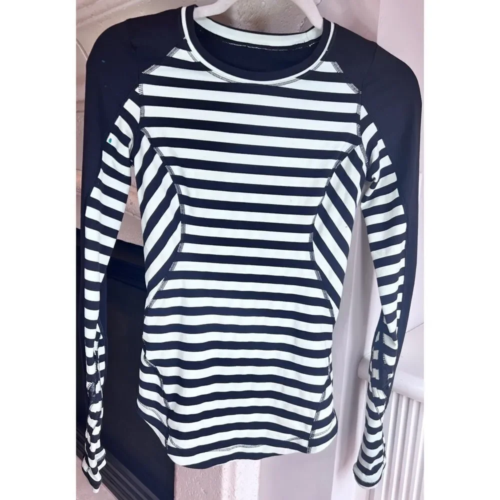Lululemon Run Reflect Long Sleeve Top Size 2 Sea Stripe Mint Moment Black